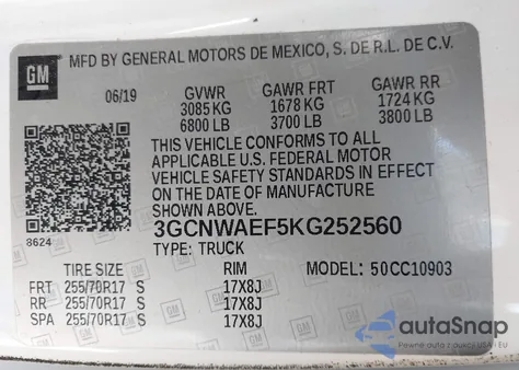 2019 Chevrolet Silverado 1500 Work Truck из США, поврежденный, VIN 3GCNWAEF5KG252560